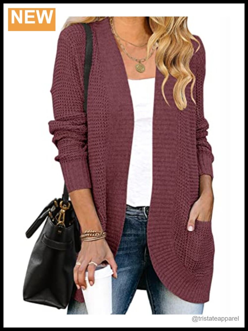 Long Sleeve Open Front Cardigan Chunky Knit Draped Waffle Sweater